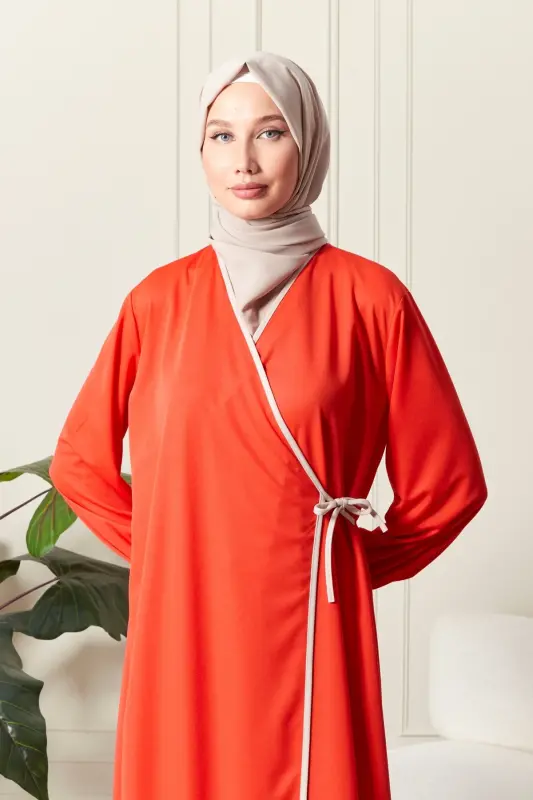 Kadın Kol Detaylı Kruvaze Yaka Biyeli Yandan Bağlamalı Namaz Elbisesi-Turuncu - 5