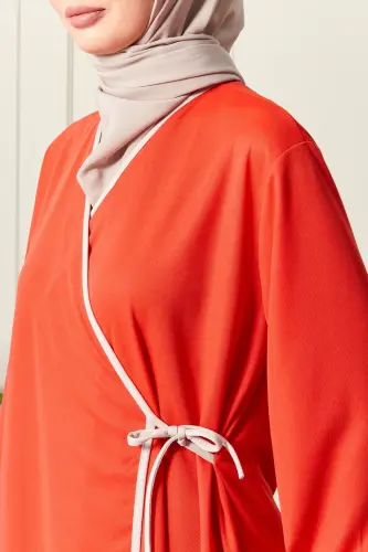 Kadın Kol Detaylı Kruvaze Yaka Biyeli Yandan Bağlamalı Namaz Elbisesi-Turuncu - 6