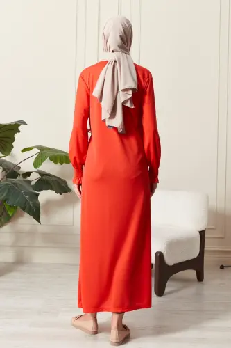 Kadın Kol Detaylı Kruvaze Yaka Biyeli Yandan Bağlamalı Namaz Elbisesi-Turuncu - 7