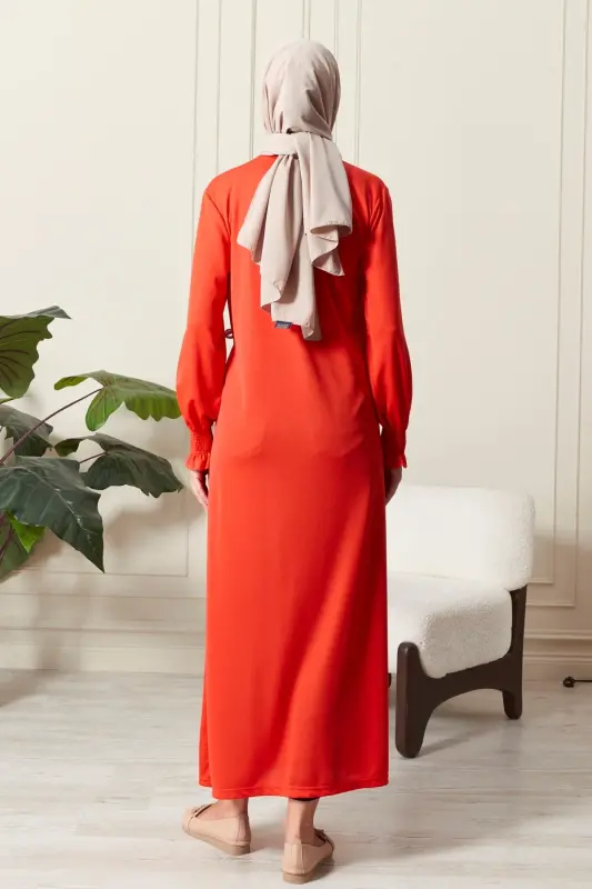 Kadın Kol Detaylı Kruvaze Yaka Biyeli Yandan Bağlamalı Namaz Elbisesi-Turuncu - 7
