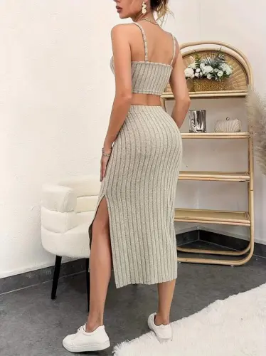 Kadın Kolsuz Askılı Crop Yırtmaçlı Midi Etek Fitilli Kaşkorse Takım - 5