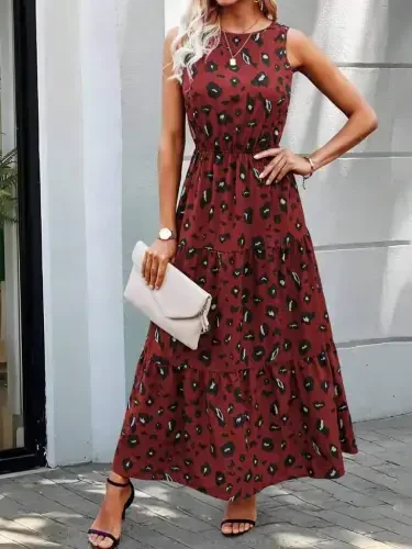 Kadın Kolsuz Bisiklet Yaka Beli Lastikli Desenli Süprem Elbise - 1