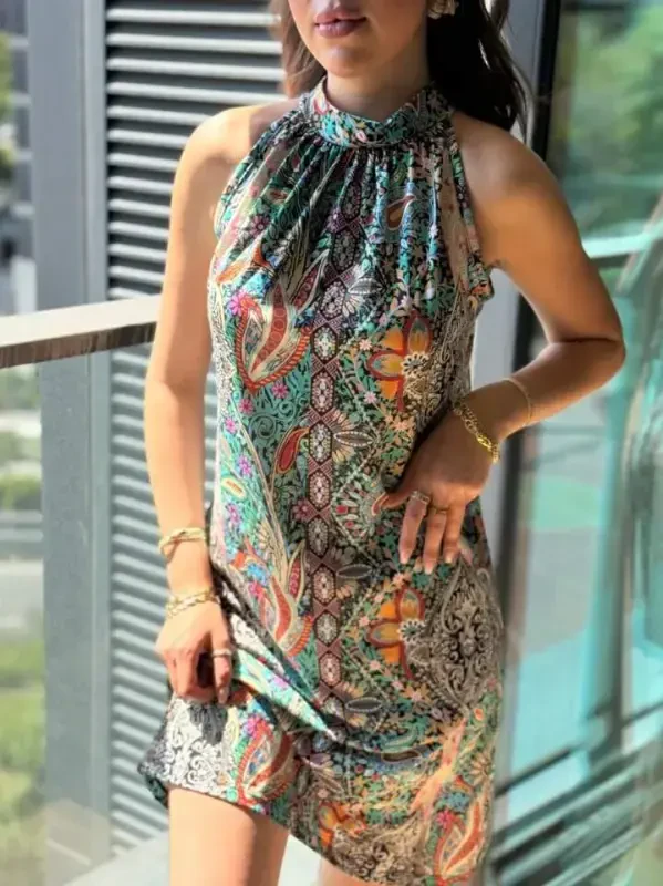 Kadın Kolsuz Boyundan Askılı Desenli Midi Süprem Elbise - 3