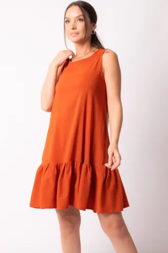 Kadın Kolsuz Eteği Fırfırlı Elbise Arm-18y001156-KOYU TURUNCU - 1