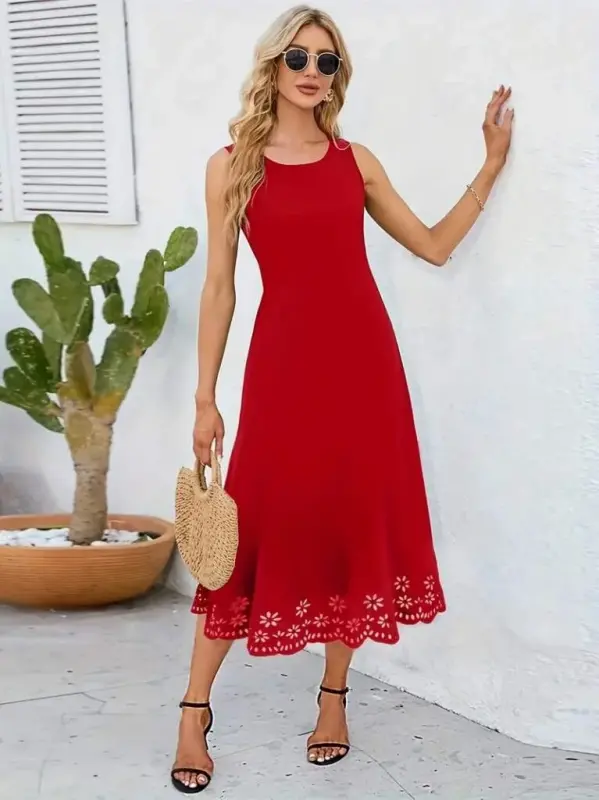 Kadın Kolsuz Etek Ucu Lazer Kesim çiçek Desenli Midi Boy Ithal Krep Elbise - 1