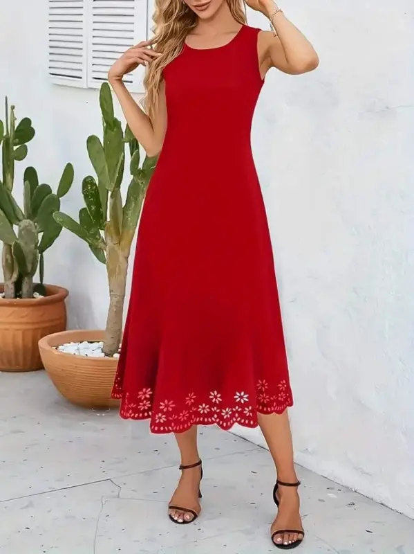 Kadın Kolsuz Etek Ucu Lazer Kesim çiçek Desenli Midi Boy Ithal Krep Elbise - 3