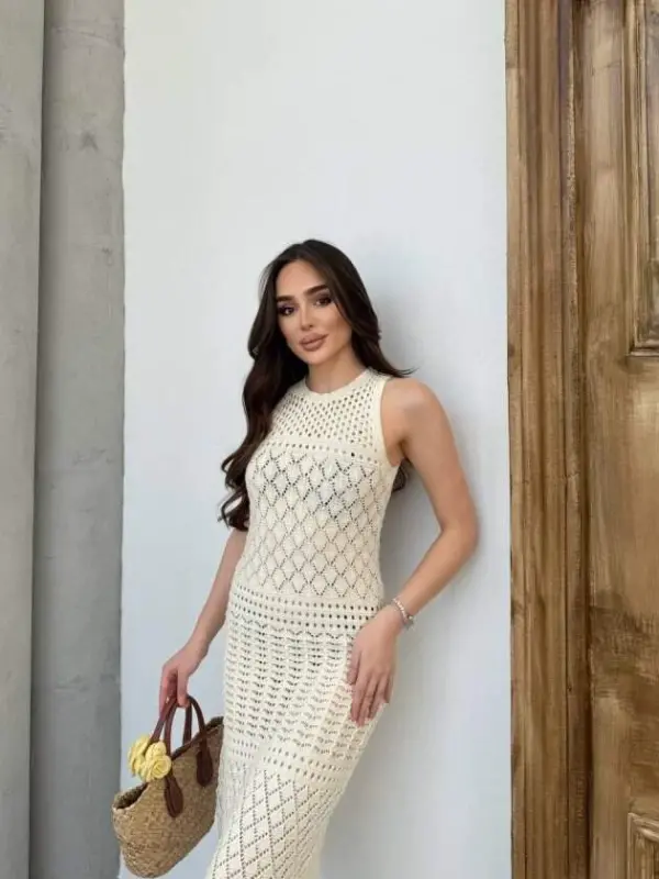 Kadın Kolsuz Kuş Gözü Teday Full Transparan Maxi Boy Elbise - 2