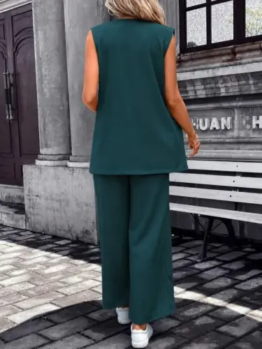 Kadın Kolsuz önü Açık Yakalı Cepli Janjan Krep Yelek Ve Pantolon Ikili Takım - 3