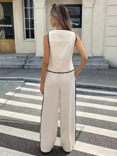 Kadın Kolsuz önü Düğmeli Yelek Ve Pantolon Ikili Takım - 3