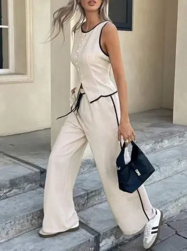 Kadın Kolsuz önü Düğmeli Yelek Ve Pantolon Ikili Takım - 5