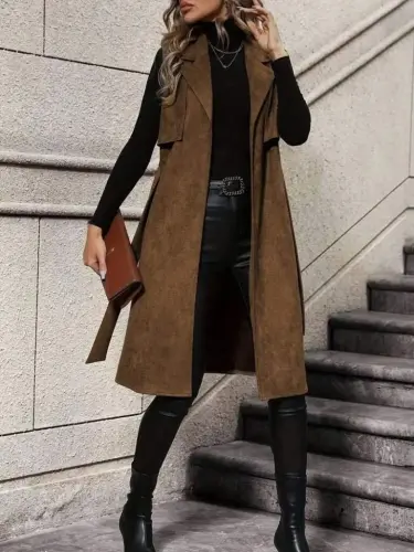 Kadın Kolsuz Yakalı önü Açık Belden Kuşaklı Süet Midi Yelek - 3