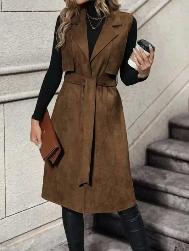 Kadın Kolsuz Yakalı önü Açık Belden Kuşaklı Süet Midi Yelek - BÜYÜKBEDENIZ