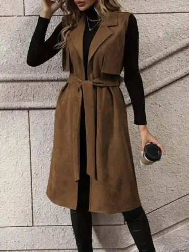 Kadın Kolsuz Yakalı önü Açık Belden Kuşaklı Süet Midi Yelek - 4