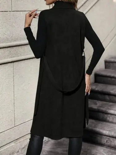 Kadın Kolsuz Yakalı önü Açık Belden Kuşaklı Süet Midi Yelek - 2