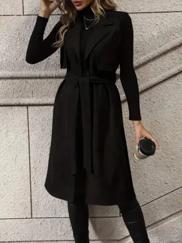 Kadın Kolsuz Yakalı önü Açık Belden Kuşaklı Süet Midi Yelek - 4