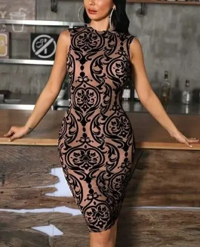 Kadın Kolsuz Yarı Balıkçı Yaka Desenli Dalgıç Elbise - 5