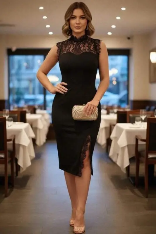 Kadın Kolsuz Yarı Balıkçı Yakalı Dantel Detaylı Yırtmaçlı Midi Janjan Krep Elbise - BÜYÜKBEDENIZ