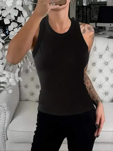 Kadın Kolsuz Yuvarlak Yaka Kalın Fitilli şardonlu Kaşkorse Bluz - 1