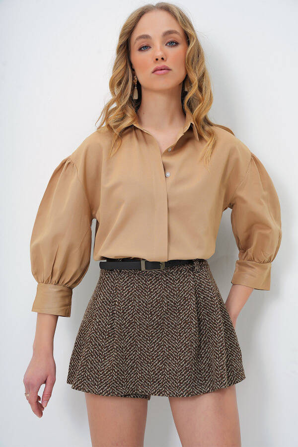 Kadın Koyu Bej Balon Kol Gizli Patlı Basic Poplin Gömlek ALC-X9654 - KOYU BEJ - 1