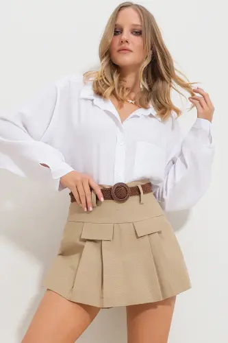 Kadın Koyu Bej Cep Kapaklı Pileli Gizli Fermuarlı Gabardin Şort Etek-KOYU BEJ - 3