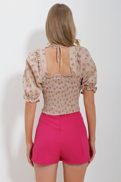 Dunkelbeige kurze Leinenbluse für Damen mit eckigem Kragen, Wassermelonenärmeln und elastischem Bund ALC-X11651 - DUNKELBEIGE - 4