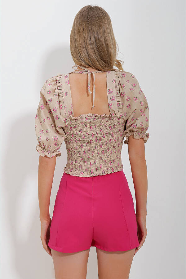 Dunkelbeige kurze Leinenbluse für Damen mit eckigem Kragen, Wassermelonenärmeln und elastischem Bund ALC-X11651 - DUNKELBEIGE - 4