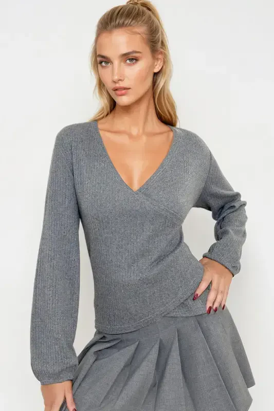 Kadın Koyu Gri Kruvaze Yaka Kolu Lastikli Bluz ALC-X12929-Koyu Gri - 2