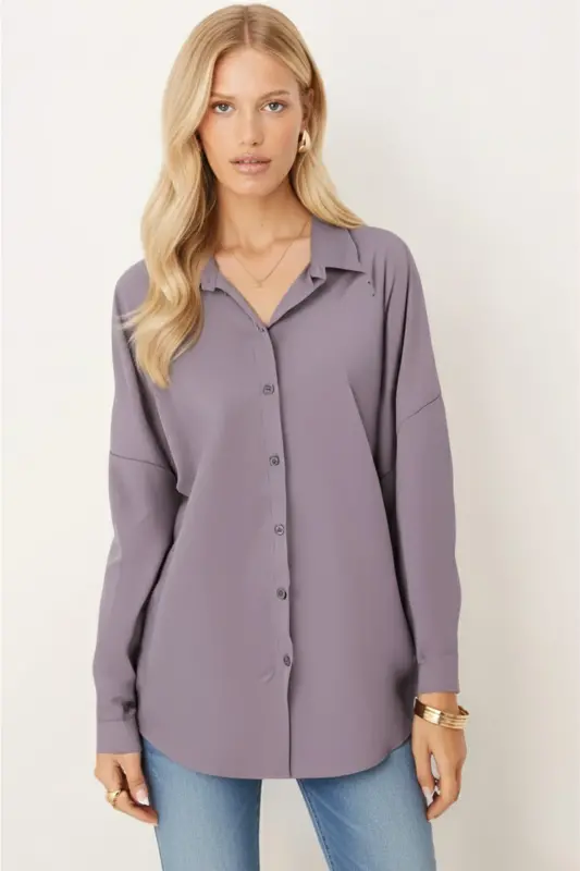 Kadın Koyu Gri Oversize Uzun Basic Gömlek ARM-22Y001118-Koyu Gri - 2