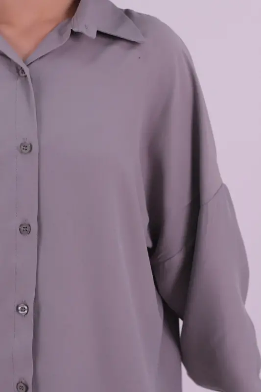 Kadın Koyu Gri Oversize Uzun Basic Gömlek ARM-22Y001118-Koyu Gri - 3