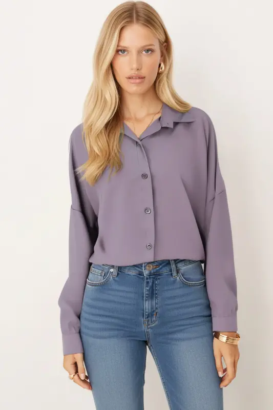 Kadın Koyu Gri Oversize Uzun Basic Gömlek ARM-22Y001118-Koyu Gri - ARMONIKA