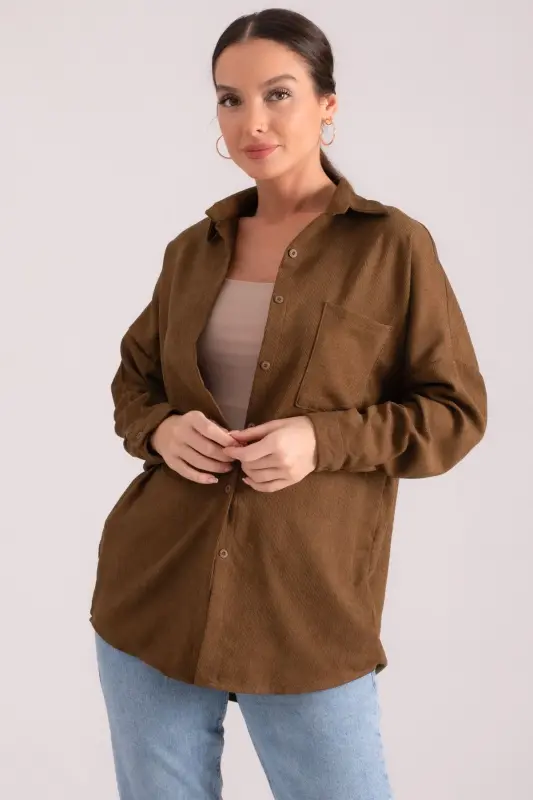Kadın Koyu Haki Cepli Oversize İnce Fitilli Kadife Gömlek ARM-24K001076-Koyu Haki - 2