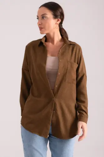 Kadın Koyu Haki Cepli Oversize İnce Fitilli Kadife Gömlek ARM-24K001076-Koyu Haki - 3