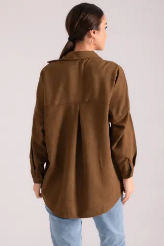 Kadın Koyu Haki Cepli Oversize İnce Fitilli Kadife Gömlek ARM-24K001076-Koyu Haki - 4