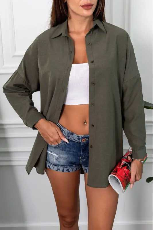 Kadın Koyu Haki Oversize Uzun Basic Gömlek ARM-22Y001118-Koyu Haki - 1