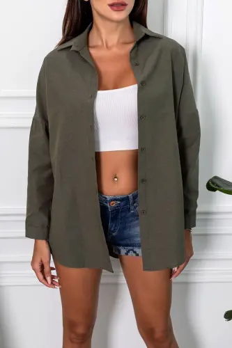 Kadın Koyu Haki Oversize Uzun Basic Gömlek ARM-22Y001118-Koyu Haki - 2