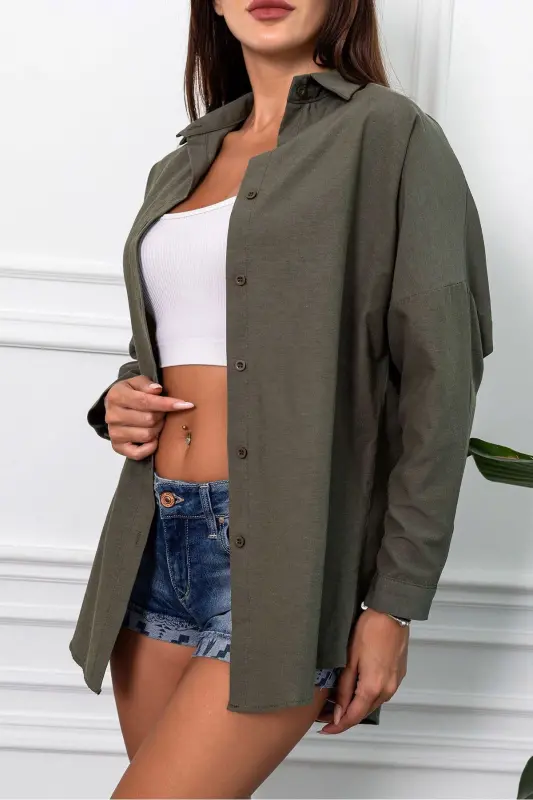 Kadın Koyu Haki Oversize Uzun Basic Gömlek ARM-22Y001118-Koyu Haki - 3
