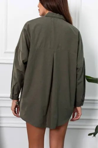 Kadın Koyu Haki Oversize Uzun Basic Gömlek ARM-22Y001118-Koyu Haki - 4