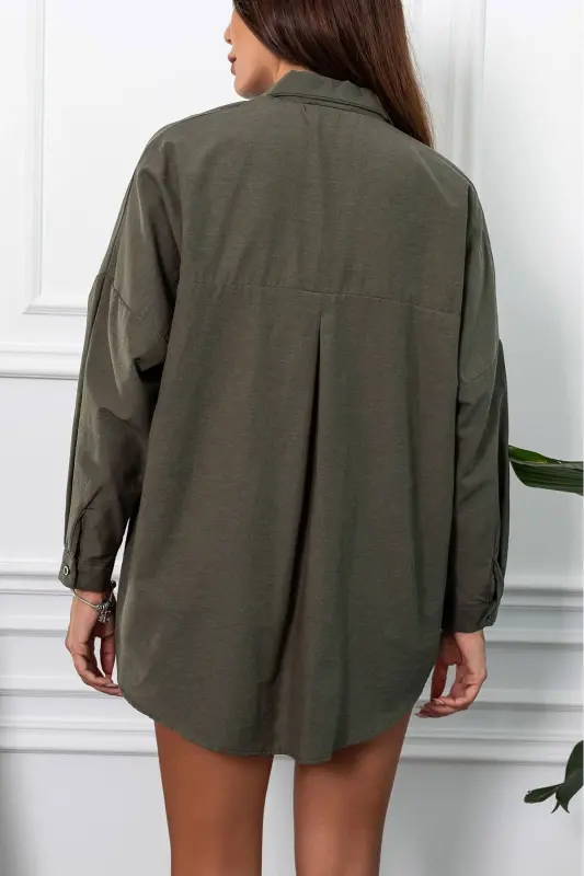 Kadın Koyu Haki Oversize Uzun Basic Gömlek ARM-22Y001118-Koyu Haki - 4