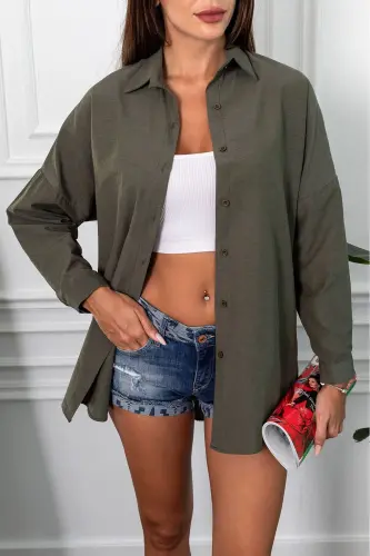 Kadın Koyu Haki Oversize Uzun Basic Gömlek ARM-22Y001118-Koyu Haki 