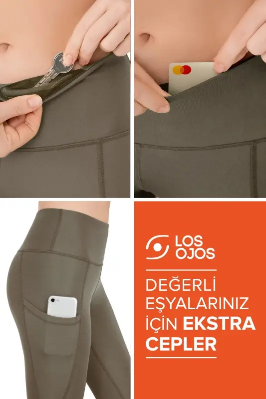 Kadın Koyu Haki Yüksek Bel Çift Cepli Toparlayıcı Spor Tayt - Haki - 4