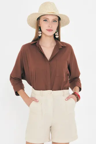 Kadın Koyu Kahve Cepli Salaş Keten Gömlek ARM-21Y001035-Koyu Kahve 