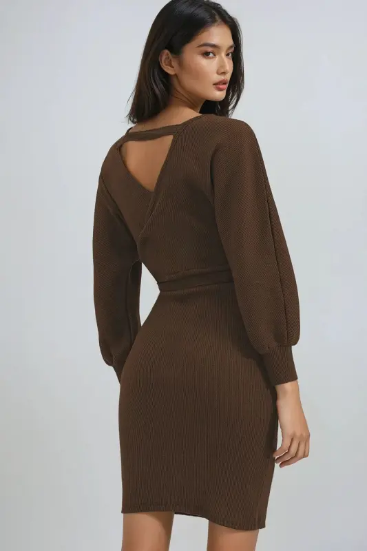 Kadın Koyu Kahve Kruvaze Yaka Yarasa Kollu Beli Kemerli Kaşkorse Elbise Alc-X7623-KOYU KAHVE - 5