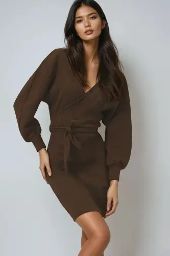 Kadın Koyu Kahve Kruvaze Yaka Yarasa Kollu Beli Kemerli Kaşkorse Elbise Alc-X7623-KOYU KAHVE - 1