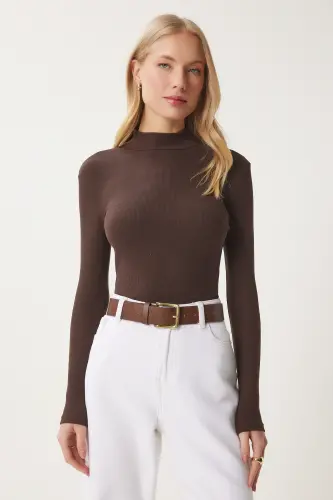 Kadın Koyu Kahverengi Balıkçı Yaka Fitilli Örme Bluz GT00054 - Koyu Kahverengi - 3