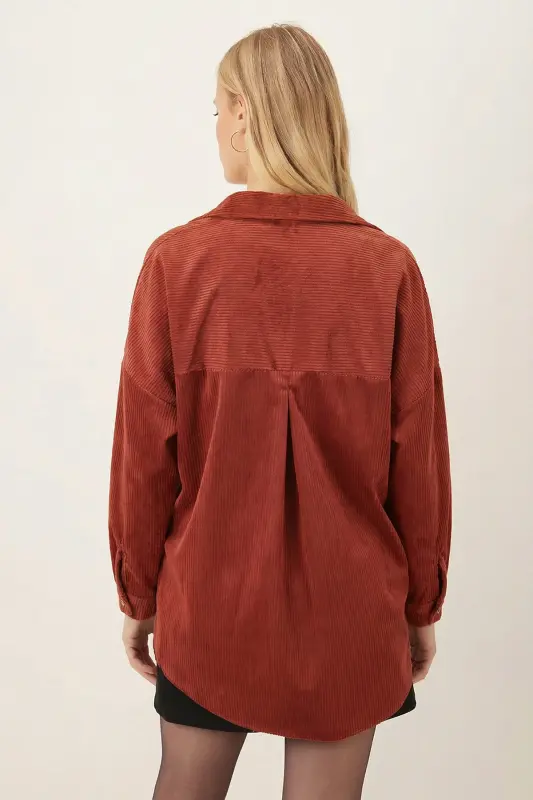 Kadın Koyu Kiremit Cepli Oversize İnce Fitilli Kadife Gömlek ARM-24K001076 - Koyu Kiremit - 3