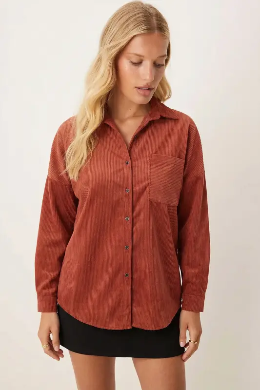 Kadın Koyu Kiremit Cepli Oversize İnce Fitilli Kadife Gömlek ARM-24K001076-Koyu Kiremit - 2