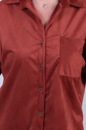 Kadın Koyu Kiremit Cepli Oversize İnce Fitilli Kadife Gömlek ARM-24K001076-Koyu Kiremit - 4