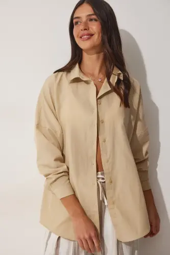 Kadın Koyu Krem Oversize Uzun Basic Gömlek DD00842 - Koyu Krem 