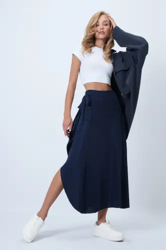 Kadın Koyu Lacivert Asimetrik Kesim Beli Bağlamalı Etek ALC-X5001-KOYU LACİVERT - 1