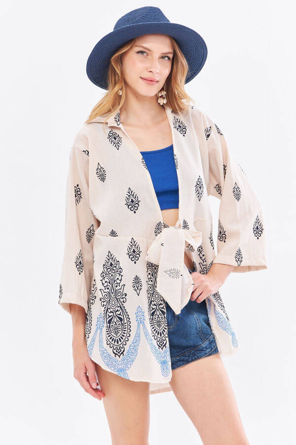 Kadın Koyu Lacivert Desenli Keten Görünümlü Eteği Sulu Önden Bağlamalı Kimono Gömlek ARM-24Y001092-Koyu Lacivert - 1